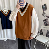 Men Sweater Vest V-neck Knitted Male Oversize 3XL Loose Casual Preppy Korean Fashion Style Ulzzang All-match Students Daily Date aidase-shop