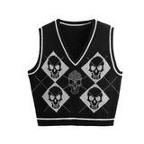 Aidase Y2K Gothic Knit Sweater Vest Skull Argyle Print Pattern Knitwear V-neck Pullover Fashion Jumper Top Women Halloween Streetwear aidase-shop