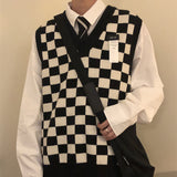 Aidase New Autumn Arctic Velvet Checkerboard Pattern Men's Sweater Vest Retro V-neck Sleeveless Knit Vest Woolen Korean Clothes