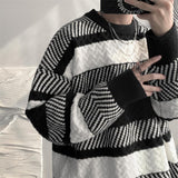 Aidase Korean Fashion Patchwork Striped Round Neck Sweater Men Autumn and Winter Thick Sweater Harajuku Loose Retro Japanese Pullover aidase-shop