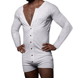 Men's Solid Color Tight One-piece Shorts Long Sleeve Sexy Crew Neck One-piece Clothes New Buttons Pajamas Home Clothes aidase-shop