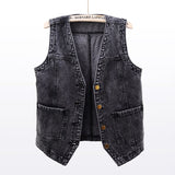 Summer Korean Big Pocket Short Denim Vest Women Vintage Black Waistcoat Sleeveless Jacket Casual Loose Jeans Vests Female 5XL aidase-shop