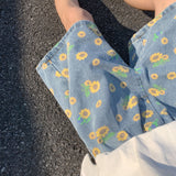 Summer Cotton Denim Shorts Men's Fashion Casual Flowers Denim Shorts Men Streetwear Korean Loose Drawstring Denim Shorts Mens aidase-shop