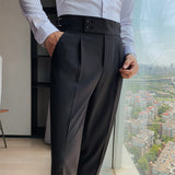 Aidase 2022 New Design Men High Waist Trousers Solid England Business Casual Suit Pants Belt Straight Slim Fit Bottoms White Clothing aidase-shop