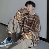 HOUZHOU Oversize Crewneck Striped Vintage Sweatshirt Pullover Men brown Sweatshirts for Men Korean Harajuku Streetwear Hip Hop aidase-shop