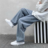 Men Jeans Solid Drawstring Denim Full Length Straight Loose Males All-match Trendy Punk Baggy Retro Leisure Chic Cowboy Trousers aidase-shop