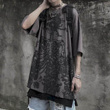 Aidase Summer half-sleeved tshirts tops dark high street gothic skull rose print loose short-sleeved T-shirt men and women streetwear aidase-shop