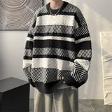 Aidase Korean Fashion Patchwork Striped Round Neck Sweater Men Autumn and Winter Thick Sweater Harajuku Loose Retro Japanese Pullover