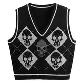 Aidase Y2K Gothic Knit Sweater Vest Skull Argyle Print Pattern Knitwear V-neck Pullover Fashion Jumper Top Women Halloween Streetwear