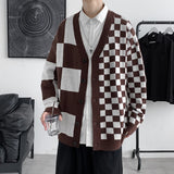 Aidase  Casual Cardigan Men Loose Checkerboard Plaid Fashion New Arrival Males Knitted Sweater Outwear Single Breasted V-neck Streetwear aidase-shop