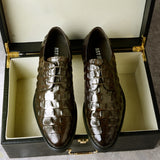 Phenkang Men Genuine Leather Crocodile Shoes Formal Dress Classic Style Burgundy Mens Wedding Lace Up Pointed Toe Oxford Shoes aidase-shop