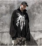 Aolamegs Punk Graphic Print Zipper Ribbon Hooded Hoodie Men Casual Black Cool Oversize Coat Fashion Sweatshirt Streetwear Autumn aidase-shop