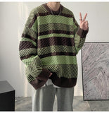 Aidase Korean Fashion Patchwork Striped Round Neck Sweater Men Autumn and Winter Thick Sweater Harajuku Loose Retro Japanese Pullover aidase-shop