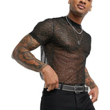 Aidase  2022 Fashion Men Mesh T Shirt See Through Short Sleeve Slim Shiny Party Nightclub Sexy T-shirts Thin Breathable Camiseta aidase-shop