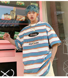 Striped Contrast Short Sleeve T-Shirt Men's Trendy Summer Street Hip Hop Loose Retro Couple Tops Personality Cotton Half Sleeve aidase-shop