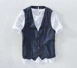 Mans Vintage Linen Suit Vest Slim Material 55%linen + 45%cotton Vest Male Casual Striped thin Waistcoat Vest Asian Size M-3XL aidase-shop