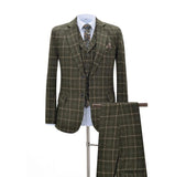 Men Suits 3 Pieces Slim Fit Business Suits Groom Army Green Noble Plaid Wool Tuxedos for Formal Wedding suit(Blazer+Pants+Vest) aidase-shop