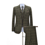 Men Suits 3 Pieces Slim Fit Business Suits Groom Army Green Noble Plaid Wool Tuxedos for Formal Wedding suit(Blazer+Pants+Vest)