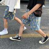 Summer Cotton Denim Shorts Men's Fashion Casual Flowers Denim Shorts Men Streetwear Korean Loose Drawstring Denim Shorts Mens aidase-shop