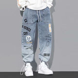 Aidase Men's jeans autumn letter printing baggy Hip hop jeans men cargo pants Streetwear Cartoon Graffiti Drawstring Denim trousers men aidase-shop