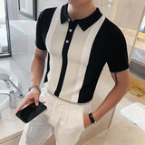 Aidase Vintage Patchwork Knit Slim Polo Shirts Men Fashion 2022 Summer Short Sleeve Polo Shirt Casual Lapel Button Tops Mens Streetwear aidase-shop