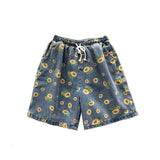 Summer Cotton Denim Shorts Men's Fashion Casual Flowers Denim Shorts Men Streetwear Korean Loose Drawstring Denim Shorts Mens aidase-shop