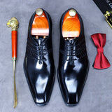 Spring Winter British Business Dress Shoes Men's Leather Woven Retro Oxford Shoes Trend Square Toe Lace-Up Formal Shoe aidase-shop