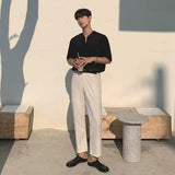 Loose Solid Summer Tops Men Korean V-neck Short-sleeved T-shirt Boy Harajuku Slim New Men's Black Tees aidase-shop