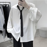 Black Long-sleeved Shirts Men Korean Comfortable Blouses Casual Loose Single Breasted Shirt With Tie aidase-shop