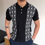 Aidase Vintage Pattern Print Patchwork Knit Polo Shirt Men Casual Button Lapel Pullover Summer Fashion Men Short Sleeve Slim Polo Shirt aidase-shop