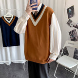 Men Sweater Vest V-neck Knitted Male Oversize 3XL Loose Casual Preppy Korean Fashion Style Ulzzang All-match Students Daily Date aidase-shop