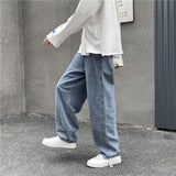 Men Jeans Solid Drawstring Denim Full Length Straight Loose Males All-match Trendy Punk Baggy Retro Leisure Chic Cowboy Trousers aidase-shop