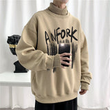 Aidase Korean loose pullover for men women Hong Kong style letter printing plus velvet stitching sweater high street turtleneck sweater aidase-shop