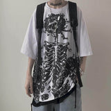 Aidase Summer half-sleeved tshirts tops dark high street gothic skull rose print loose short-sleeved T-shirt men and women streetwear aidase-shop