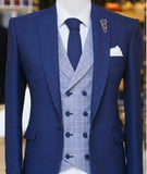 Aidase 3 Piece Blue Men Suits for Wedding Peaked Lapel Groom Tuxedo Male Fashion Set Jacket Plaid Vest with Pants New Arrival 2021 aidase-shop