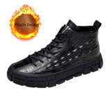 Black Uneven Leather Winter Boots Men Cool Casual Fur Boots for Youth Boys Alligator Print Platform Sneakers Men Autumn Shoes aidase-shop