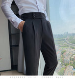Aidase 2022 New Design Men High Waist Trousers Solid England Business Casual Suit Pants Belt Straight Slim Fit Bottoms White Clothing aidase-shop