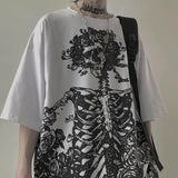 Aidase Summer half-sleeved tshirts tops dark high street gothic skull rose print loose short-sleeved T-shirt men and women streetwear aidase-shop