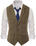 Mens Suit Vest Lapel Neck Wool Brown Retro Waistcoat Casual Formal Pocket Business Slim Fit Vest Groomman For Wedding Working