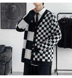 Aidase  Casual Cardigan Men Loose Checkerboard Plaid Fashion New Arrival Males Knitted Sweater Outwear Single Breasted V-neck Streetwear aidase-shop