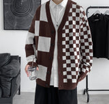 Aidase  Casual Cardigan Men Loose Checkerboard Plaid Fashion New Arrival Males Knitted Sweater Outwear Single Breasted V-neck Streetwear