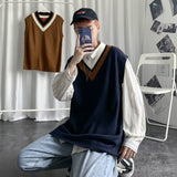 Men Sweater Vest V-neck Knitted Male Oversize 3XL Loose Casual Preppy Korean Fashion Style Ulzzang All-match Students Daily Date aidase-shop