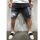Men Broken Hole Cowboy Shorts Stretchy Ripped Skinny Embroidery Print Casual Jeans 2021 Pure Color Cartoon Slim Blue Denim Short aidase-shop