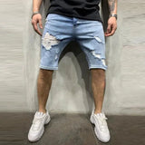 Men Broken Hole Cowboy Shorts Stretchy Ripped Skinny Embroidery Print Casual Jeans 2021 Pure Color Cartoon Slim Blue Denim Short aidase-shop