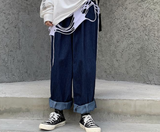 Aidase 2022 Fashion Individuality Japanese-style Jean Men Loose Stripe Denim Pant Bule/Black Man and Women Hip hop Streetwear Trouser aidase-shop