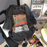 Vintage Black T-shirt High Street Hip Hop Old Washed Short Sleeve Shirts Unisex  Oversize Graffiti Printing Tees aidase-shop
