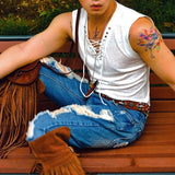 Sexy V Neck Drawstring Men's Tank Tops  Summer Fashion Sleeveless Solid Color Thin Camisole Vintage Men Clothes Streetwear aidase-shop