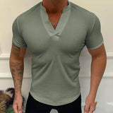 Summer Fashion T-Shirt Solid V-Neck Pullover Tops Men's Casual Short Sleeve Threaded Breathable Slim Tee Men Streetwear aidase-shop