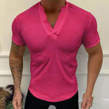 Summer Fashion T-Shirt Solid V-Neck Pullover Tops Men's Casual Short Sleeve Threaded Breathable Slim Tee Men Streetwear aidase-shop
