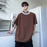 Men's Personality Casual T-shirts Summer Spliced Contrast Color Tee Metal Button Decoration Loose Short Sleeve Tops aidase-shop